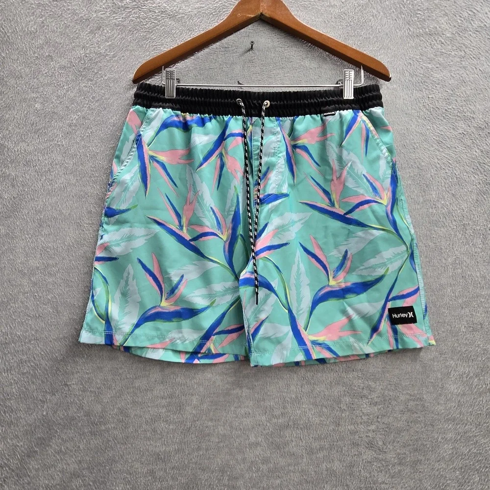 Hurley Men Swimwear L Teal Swim Trunks Floral Board Shorts‎ Button Logo